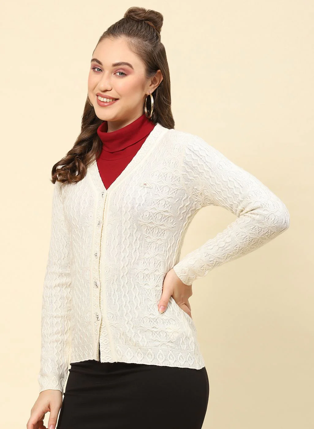 Women Cream Self Design Blend wool Cardigan - Image 3