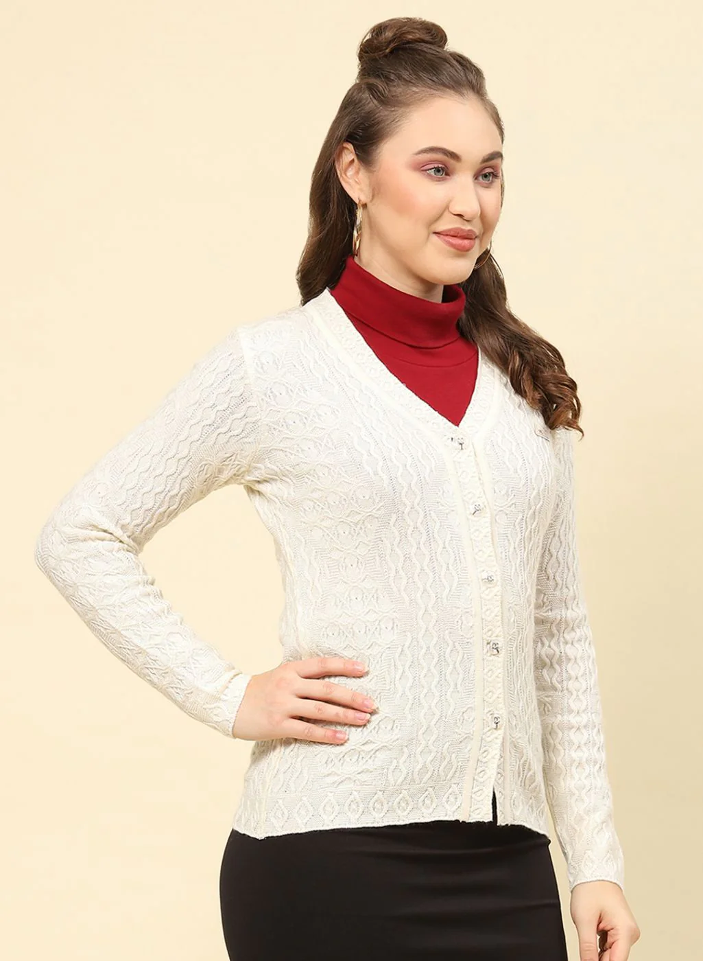 Women Cream Self Design Blend wool Cardigan - Image 4
