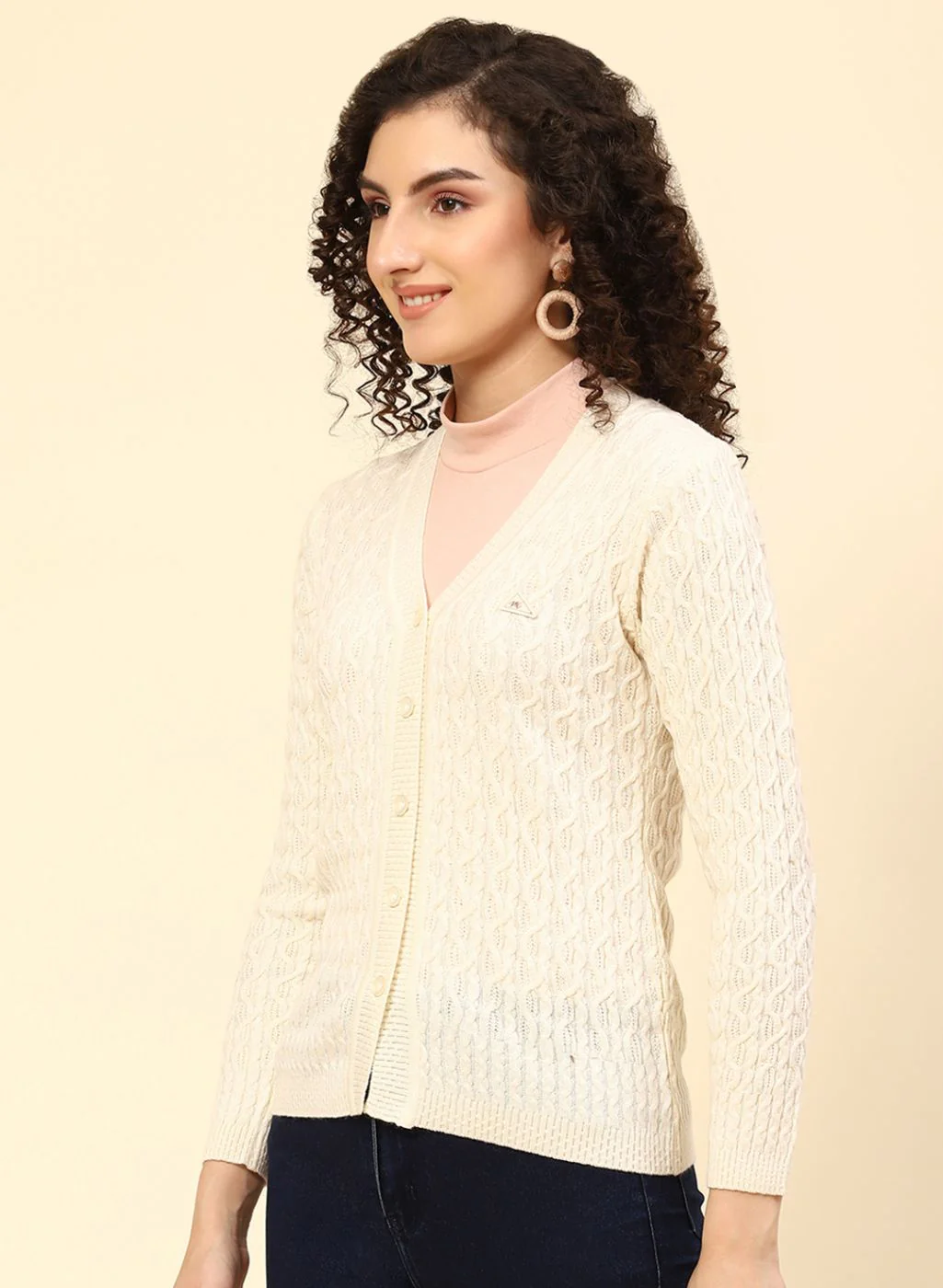 Women Cream Self Design Wool blend Cardigan - Image 3