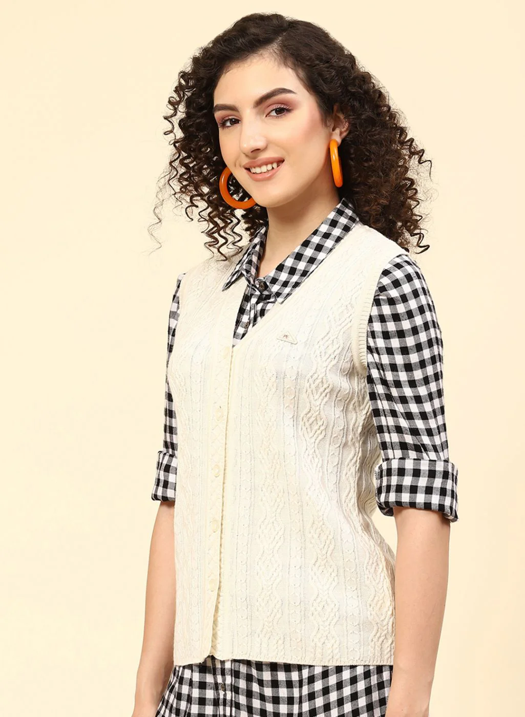 Women Cream Self Design Wool blend Cardigan - Image 3