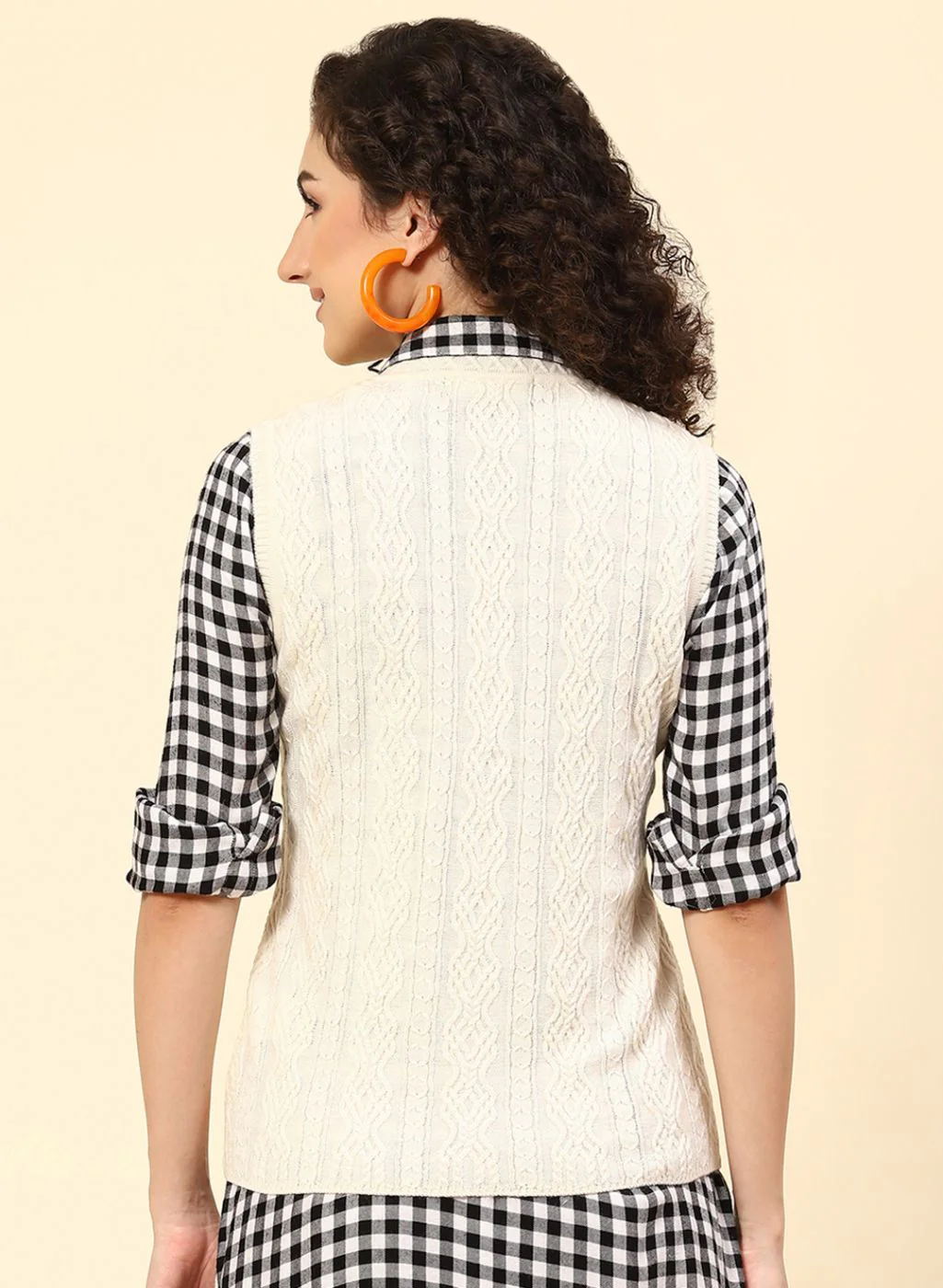 Women Cream Self Design Wool blend Cardigan - Image 5