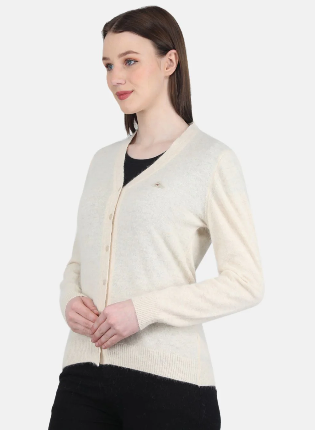 Women Cream Solid Cardigan - Image 2