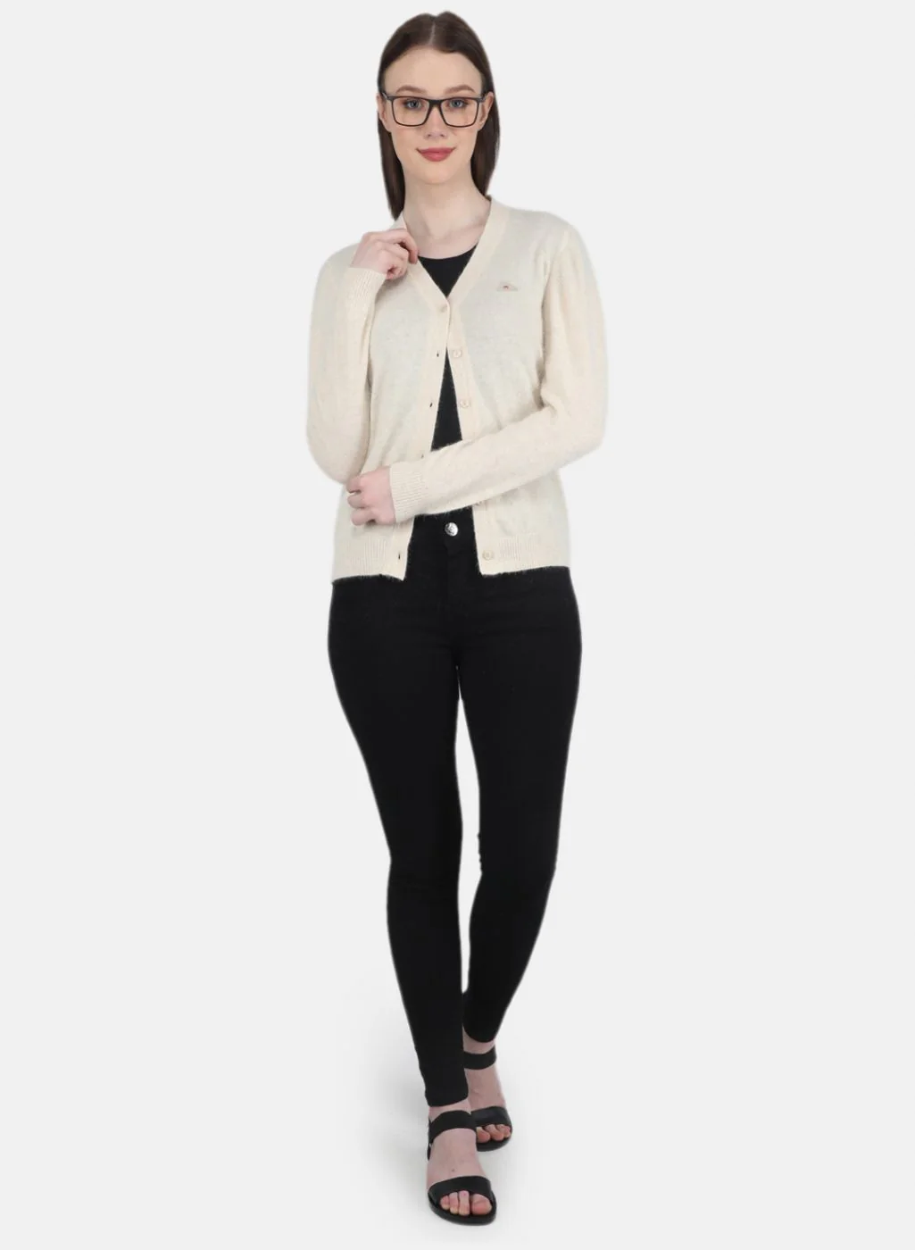 Women Cream Solid Cardigan - Image 4