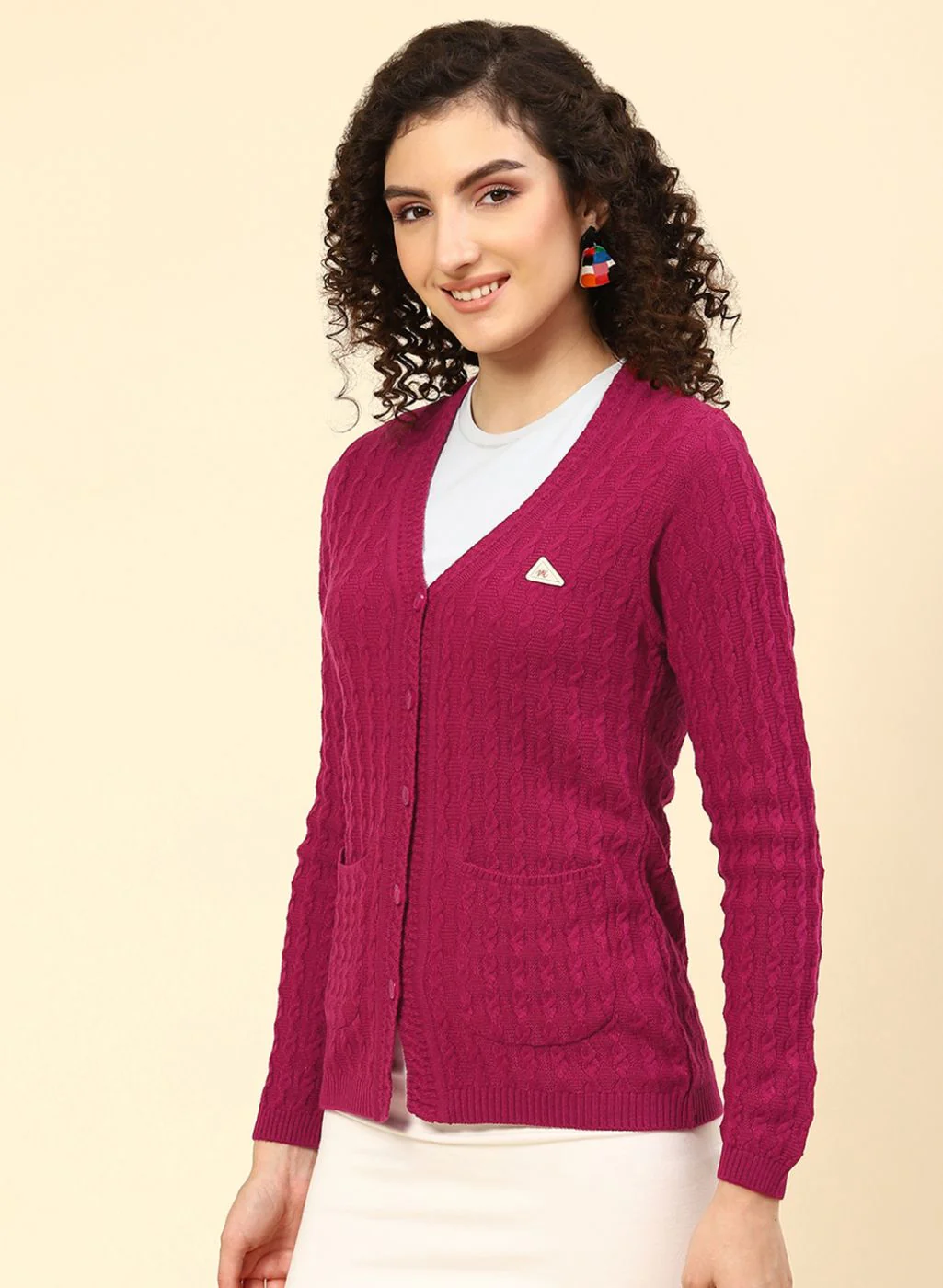 Women Dark Pink Self Design Wool blend Cardigan - Image 3
