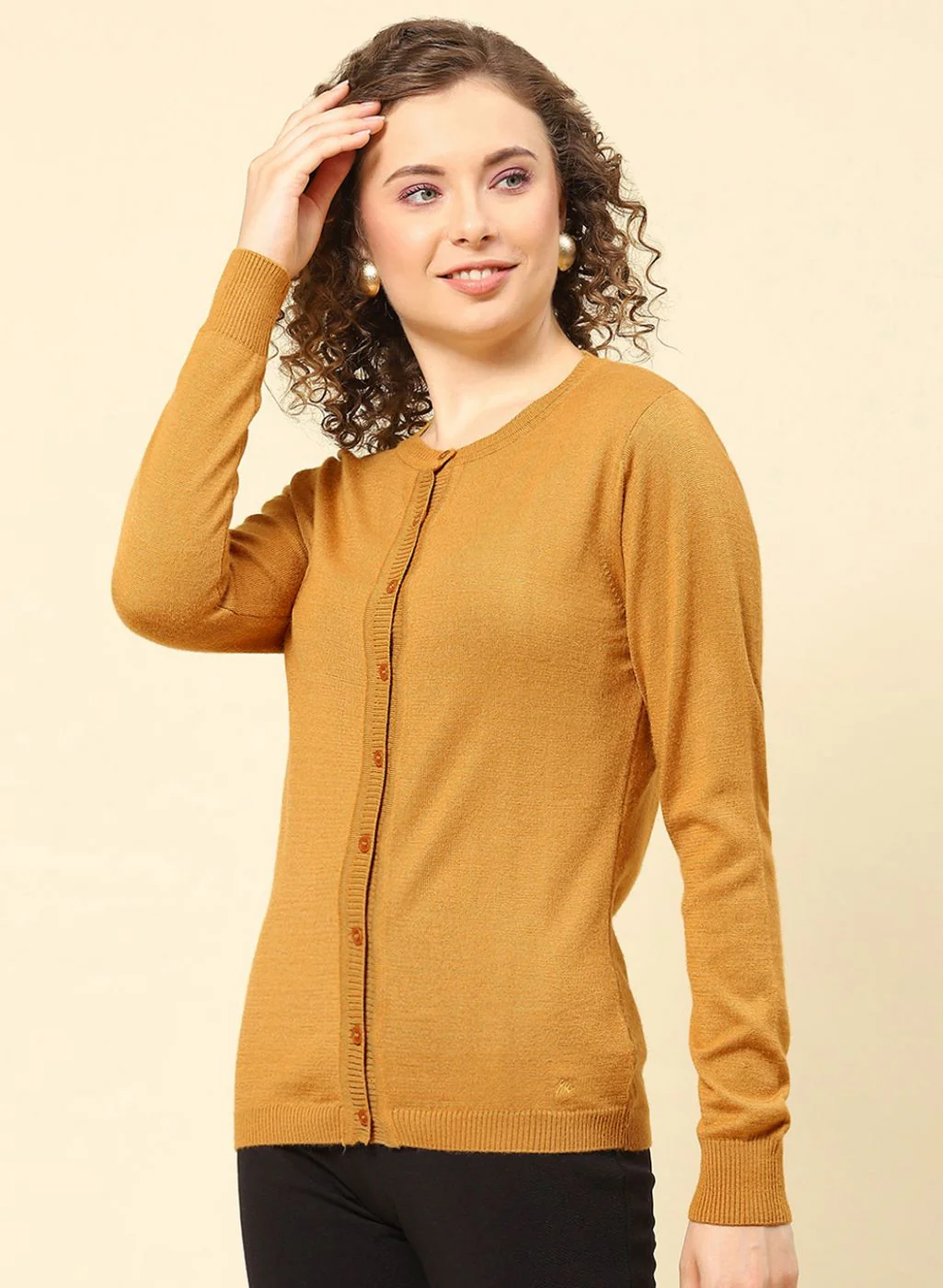 Women Gold Solid Modal Nylone Cardigan - Image 3