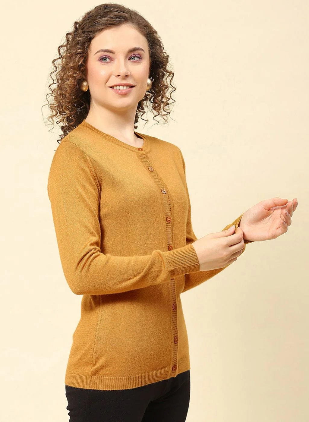 Women Gold Solid Modal Nylone Cardigan - Image 4