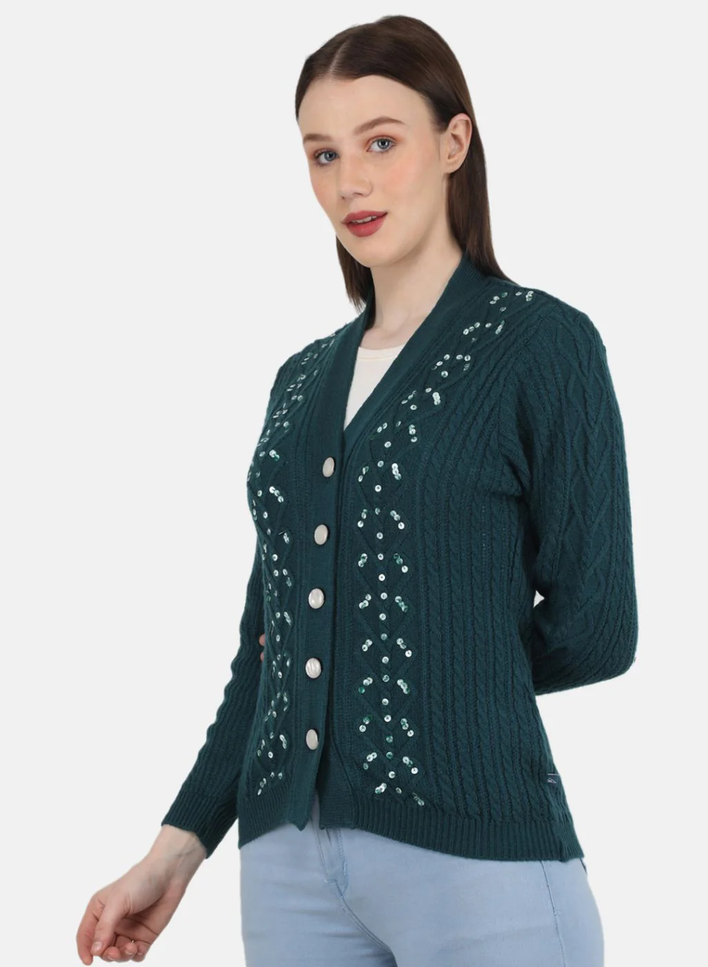 Women Green Self Design Cardigan - Image 2