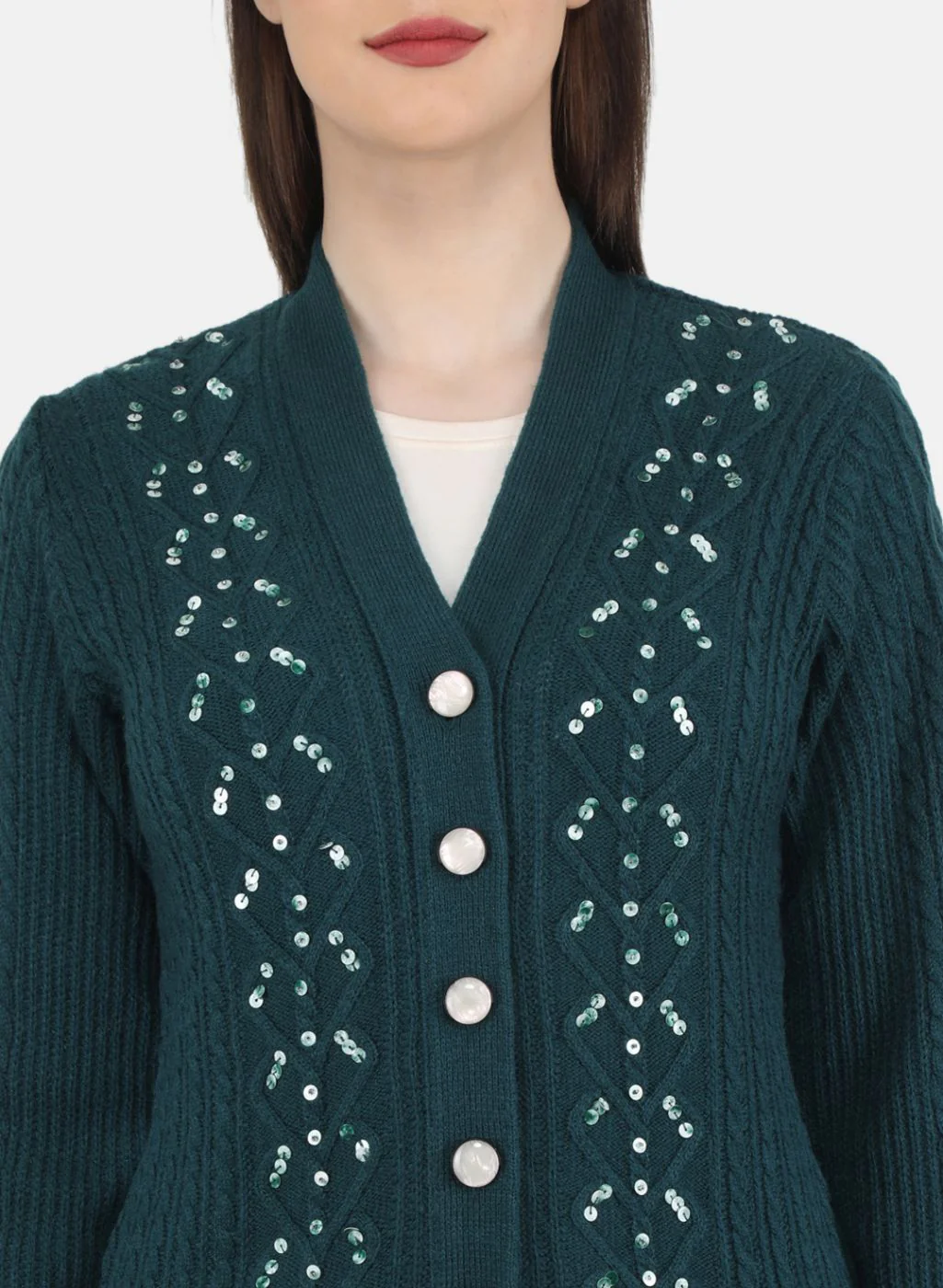 Women Green Self Design Cardigan - Image 5