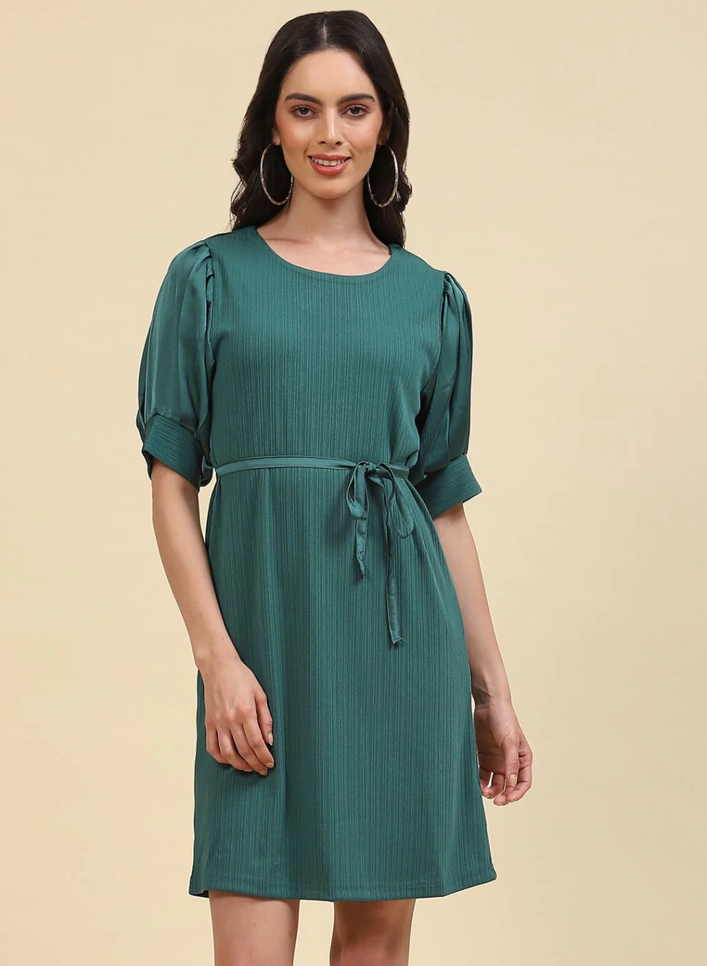 Women Green Self Design Dress - Image 2