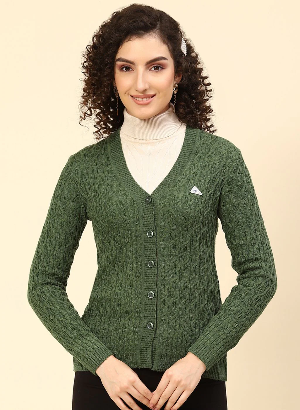 Women Green Self Design Wool blend Cardigan - Image 2