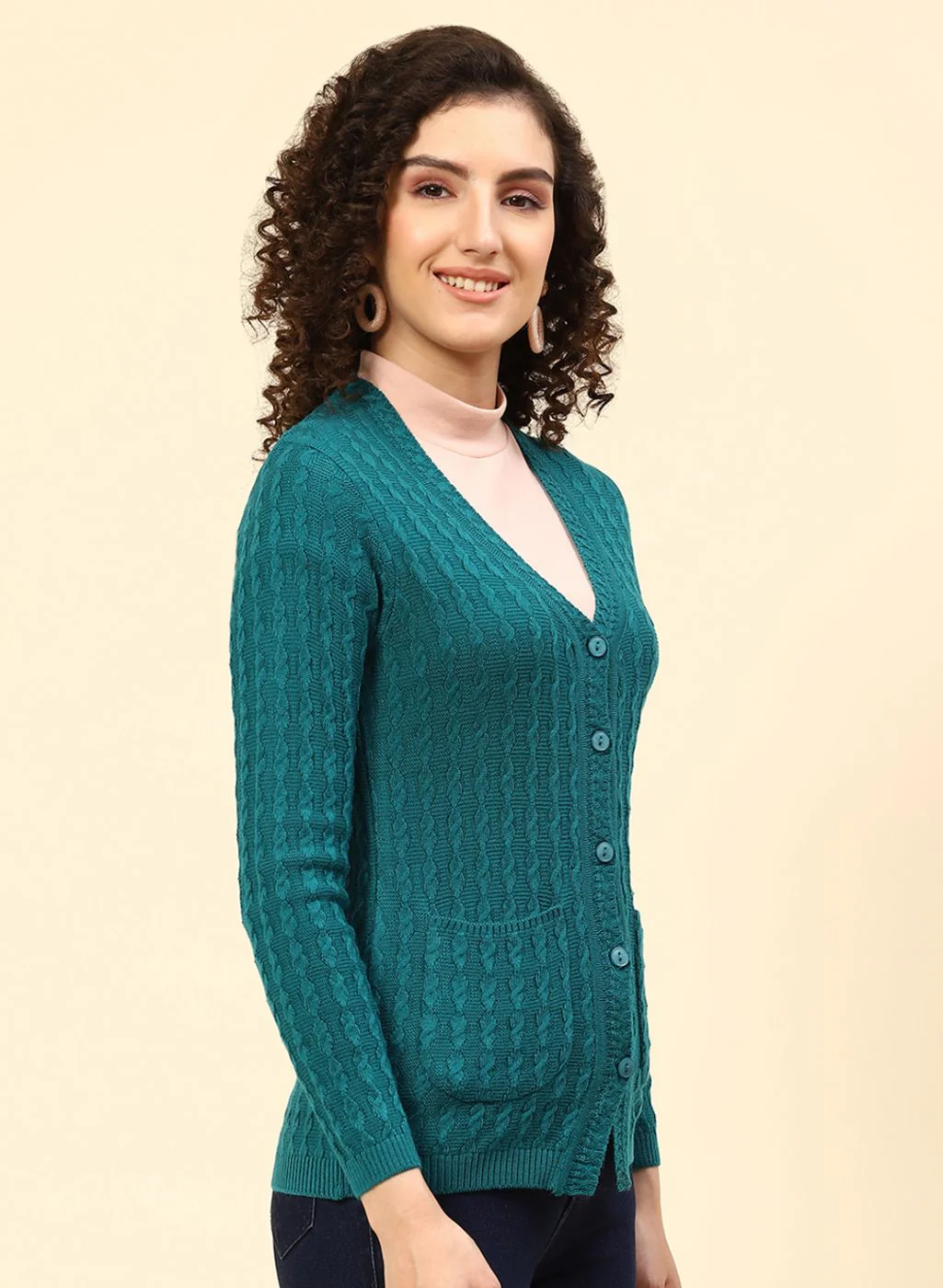 Women Green Self Design Wool blend Cardigan - Image 4