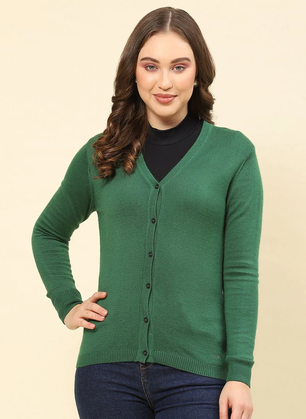 Women Green Solid Modal Nylone Cardigan - Image 2