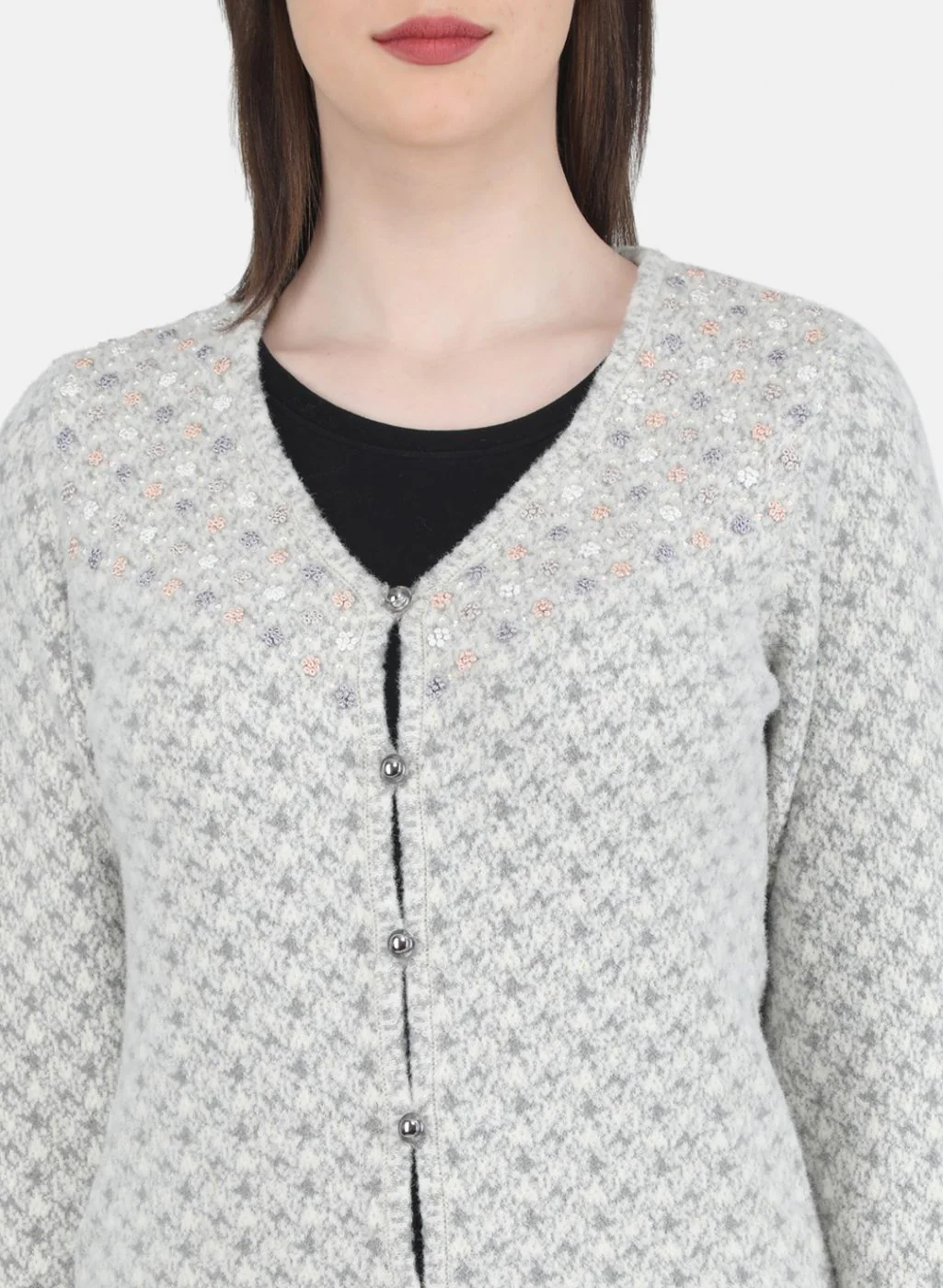 Women Grey Jaquard Cardigan - Image 5
