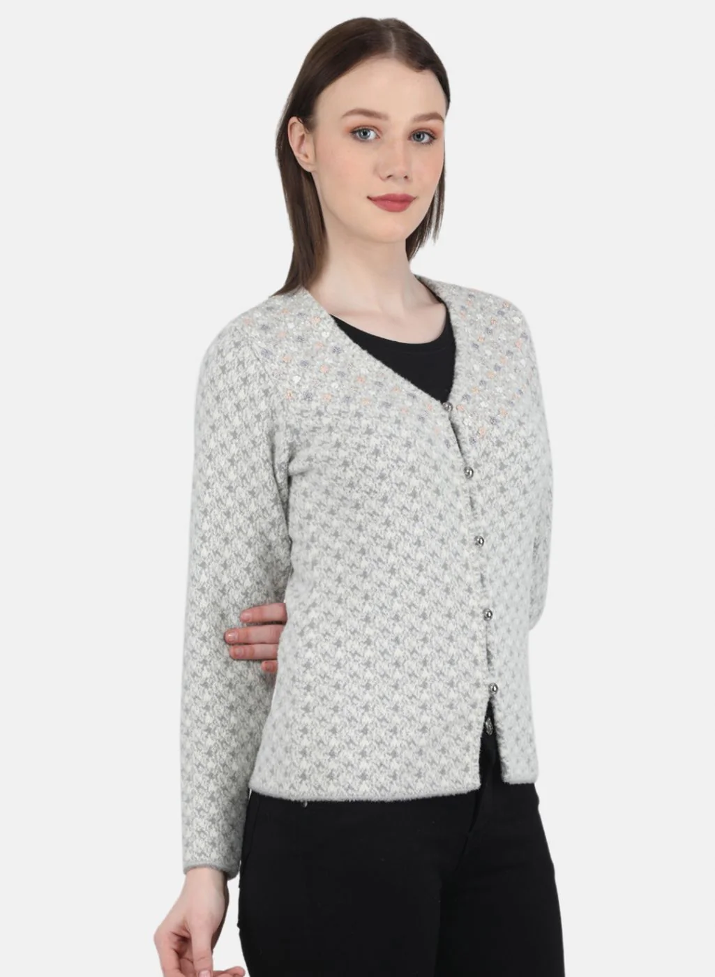 Women Grey Jaquard Cardigan - Image 6