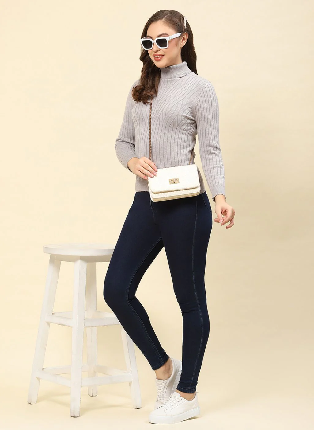 Women Grey Self Design Blend wool Winter Top - Image 2