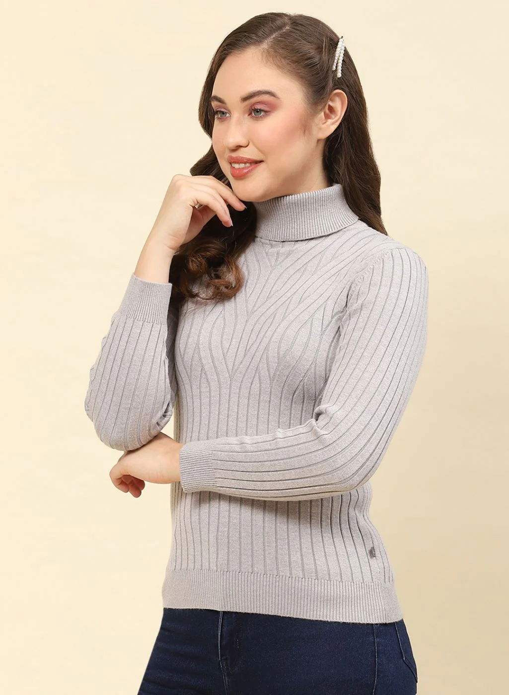Women Grey Self Design Blend wool Winter Top - Image 3