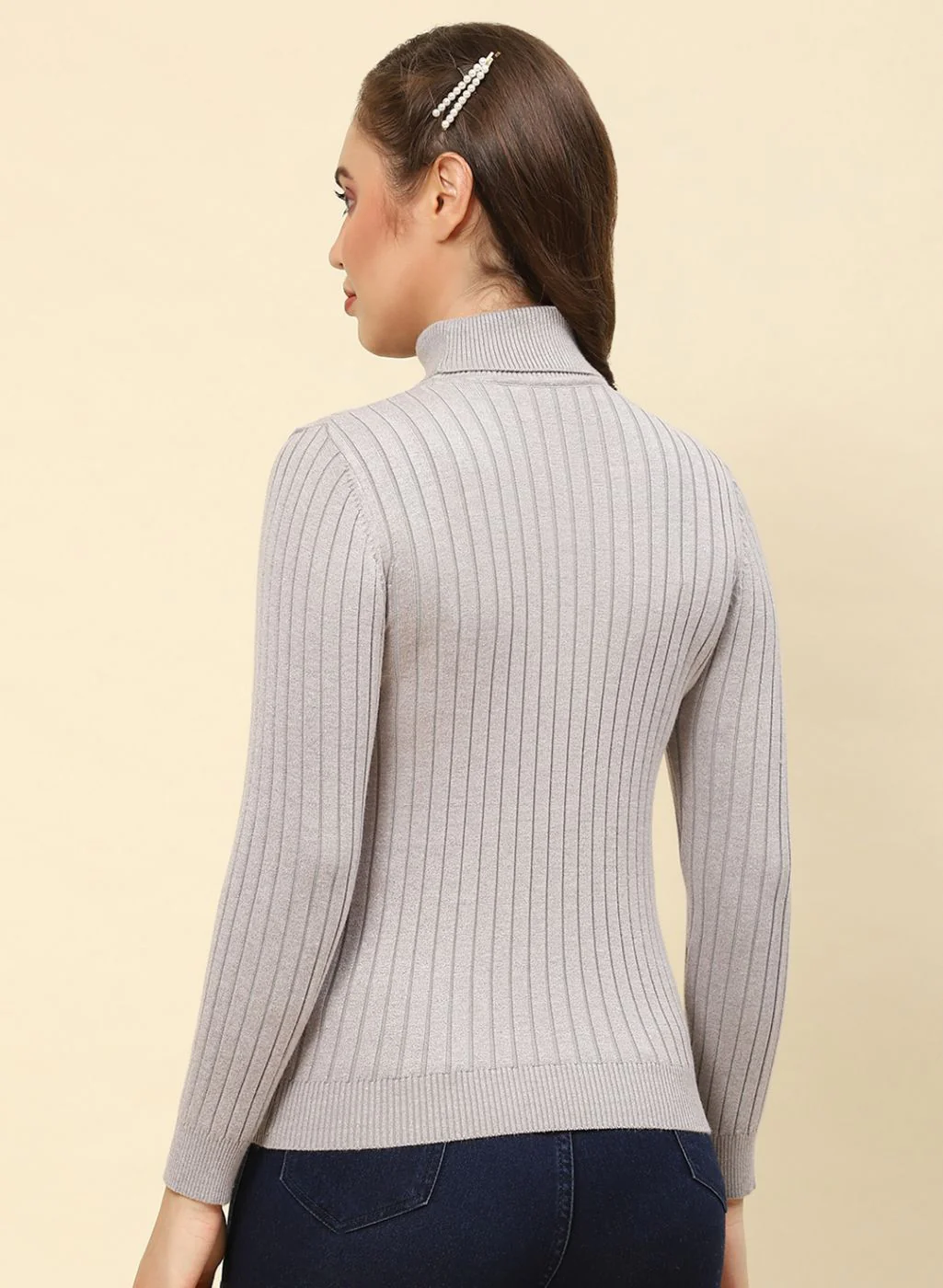Women Grey Self Design Blend wool Winter Top - Image 5