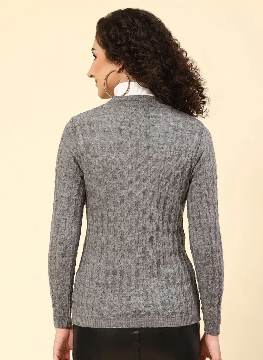 Women Grey Self Design Wool blend Cardigan - Image 5