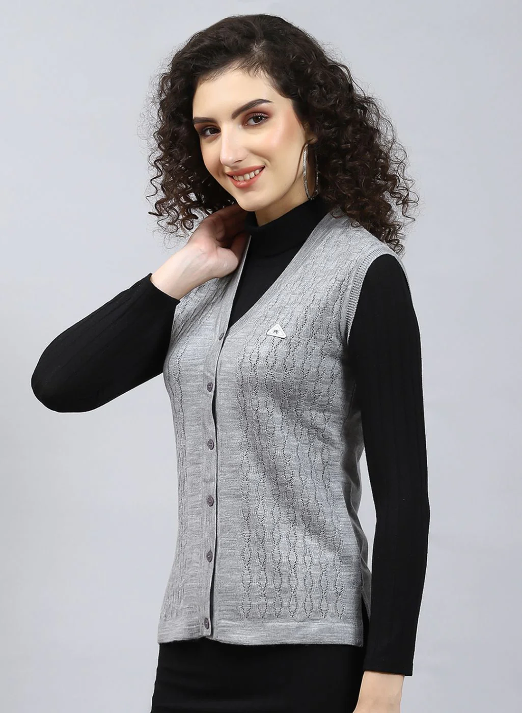 Women Grey Self Design Wool blend Cardigan - Image 3