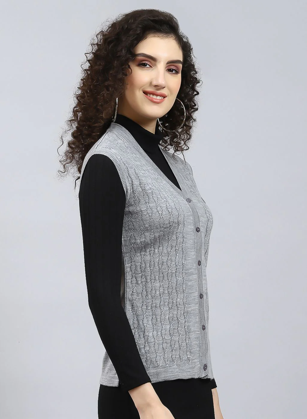 Women Grey Self Design Wool blend Cardigan - Image 4
