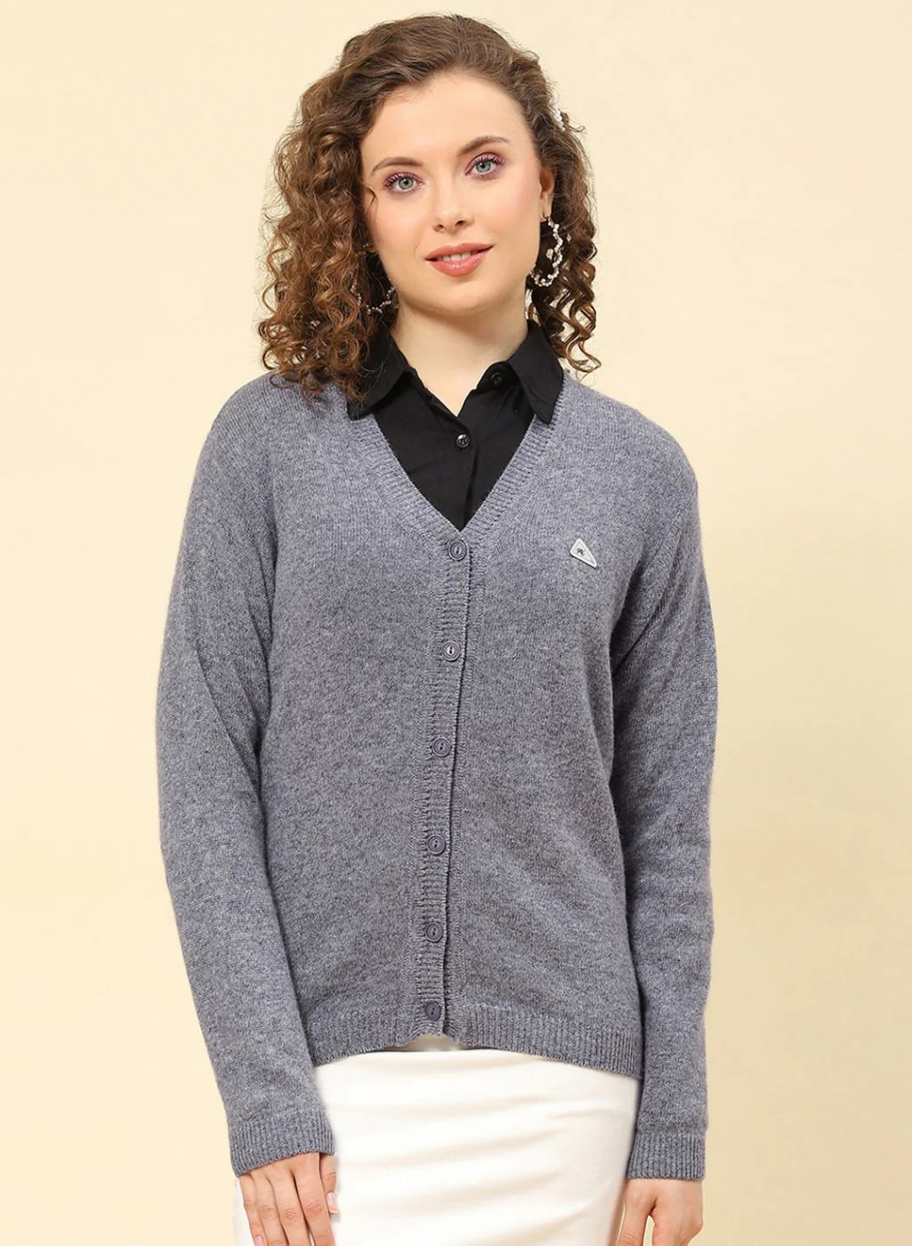 Women Grey Solid Lamb wool Cardigan - Image 2