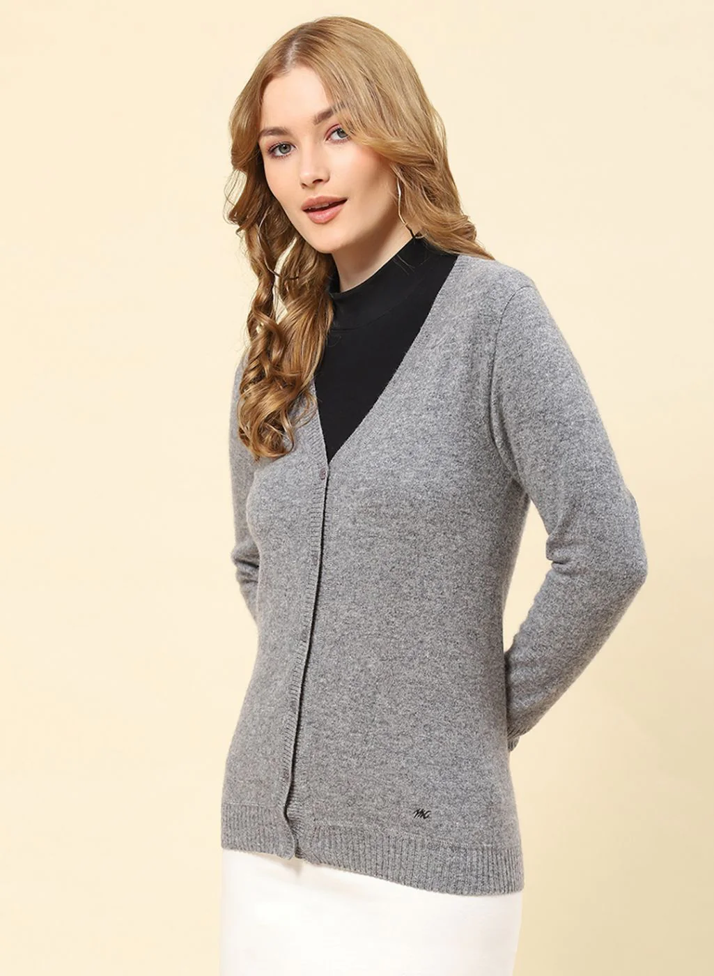 Women Grey Solid Lamb wool Cardigan - Image 3