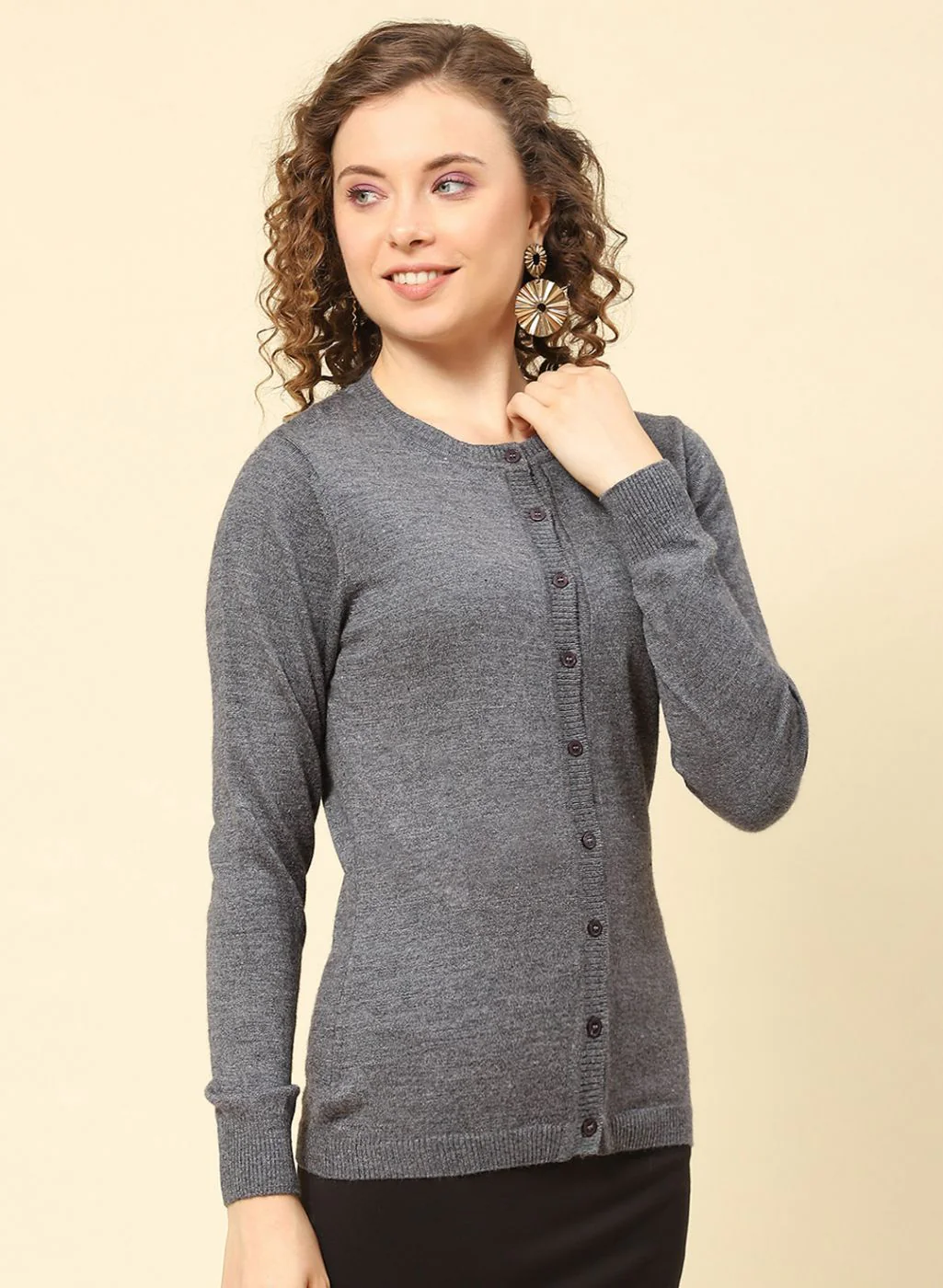 Women Grey Solid Modal Nylone Cardigan - Image 4