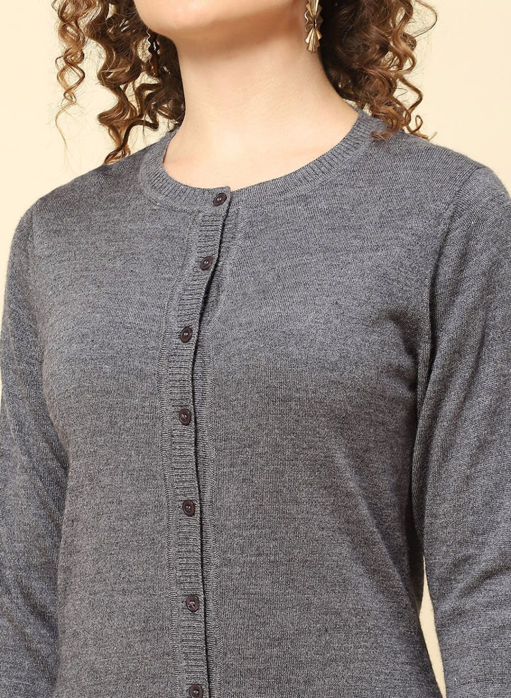 Women Grey Solid Modal Nylone Cardigan - Image 6