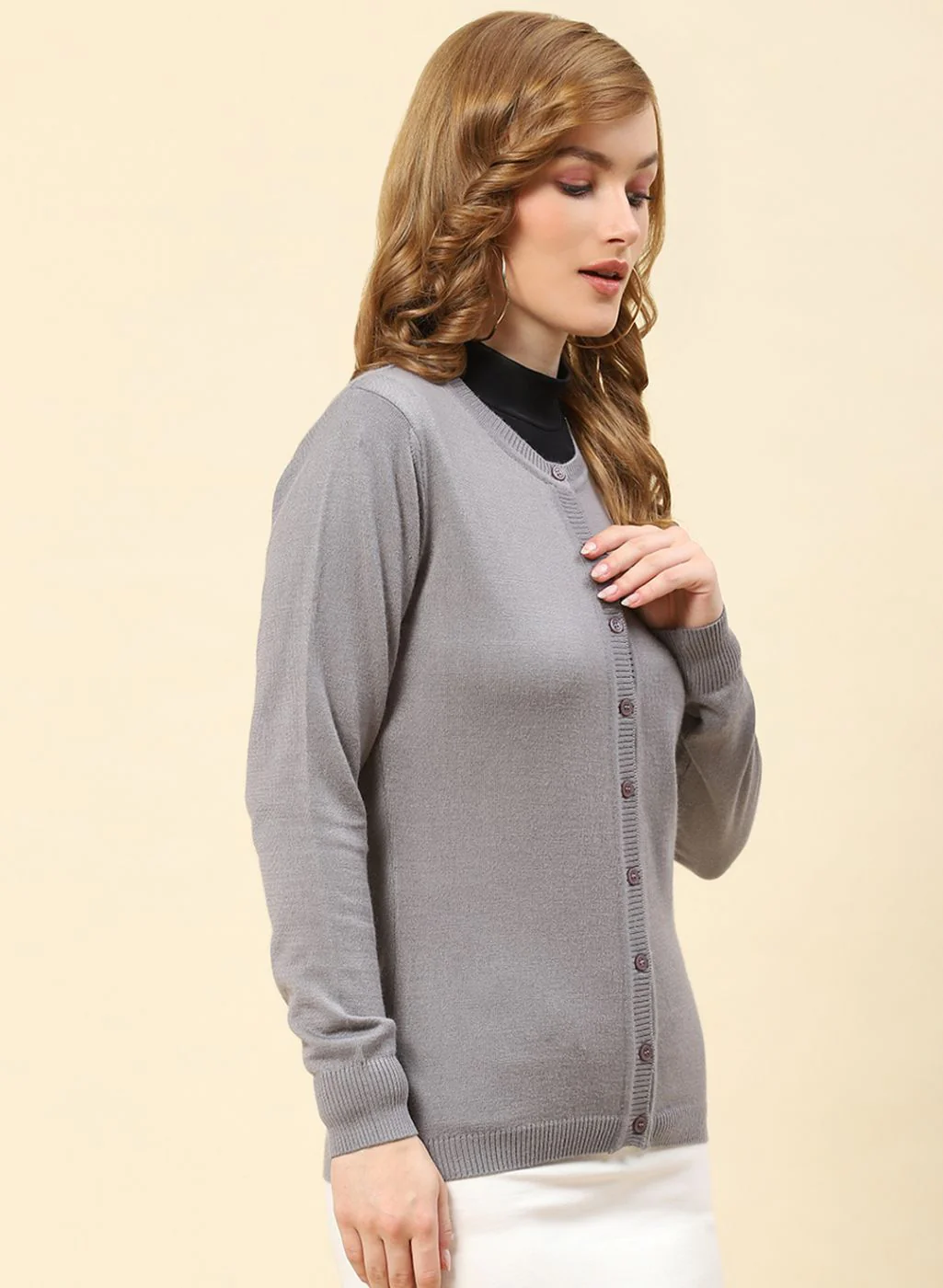 Women Grey Solid Modal Nylone Cardigan - Image 4