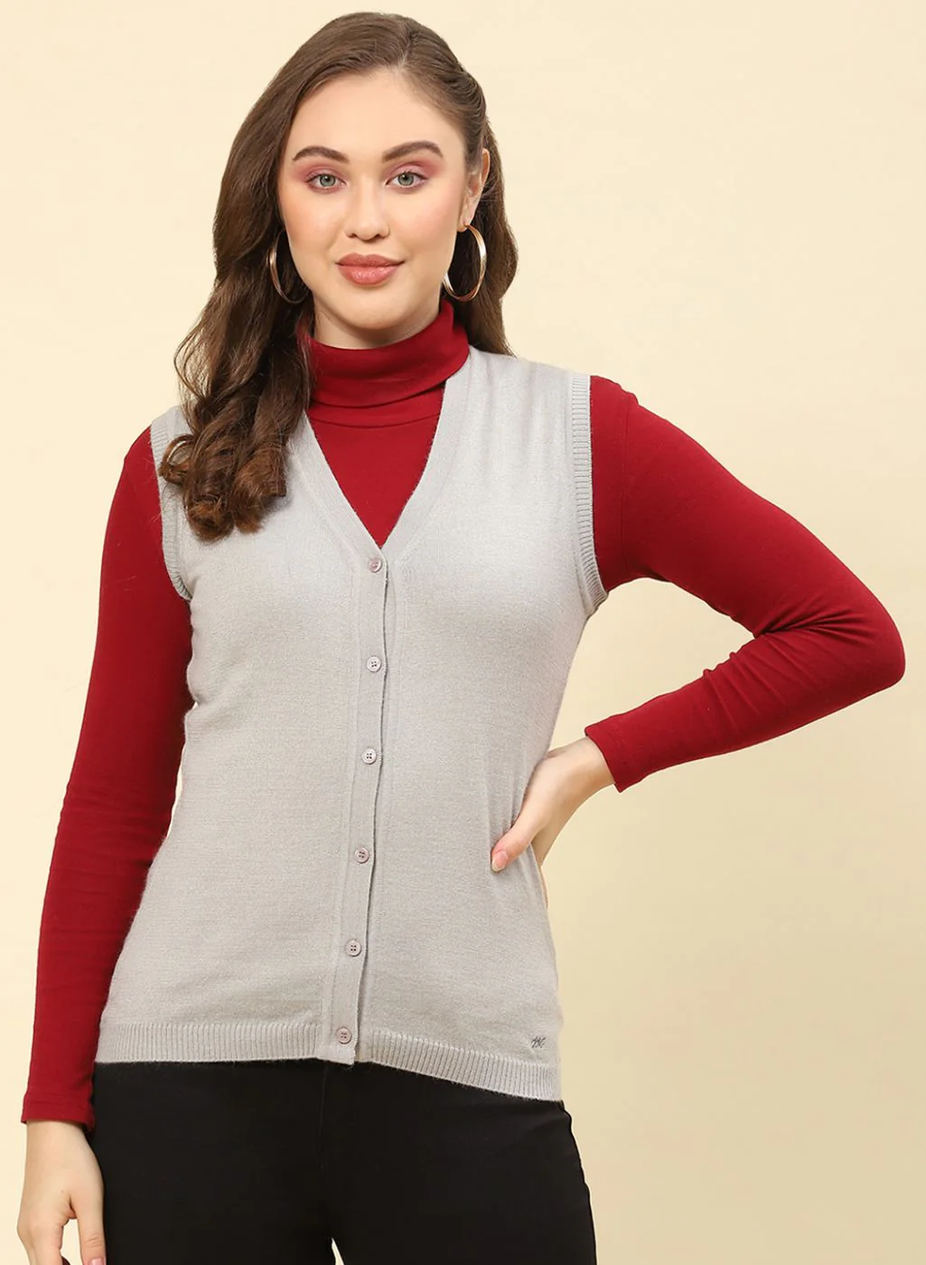 Women Grey Solid Modal Nylone Cardigan - Image 2