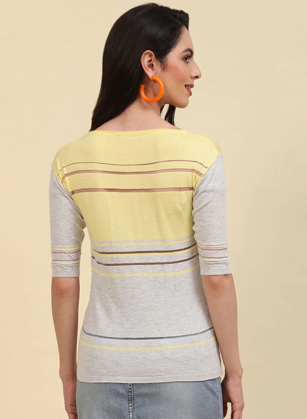 Women Grey & Yellow Stripe Top - Image 5