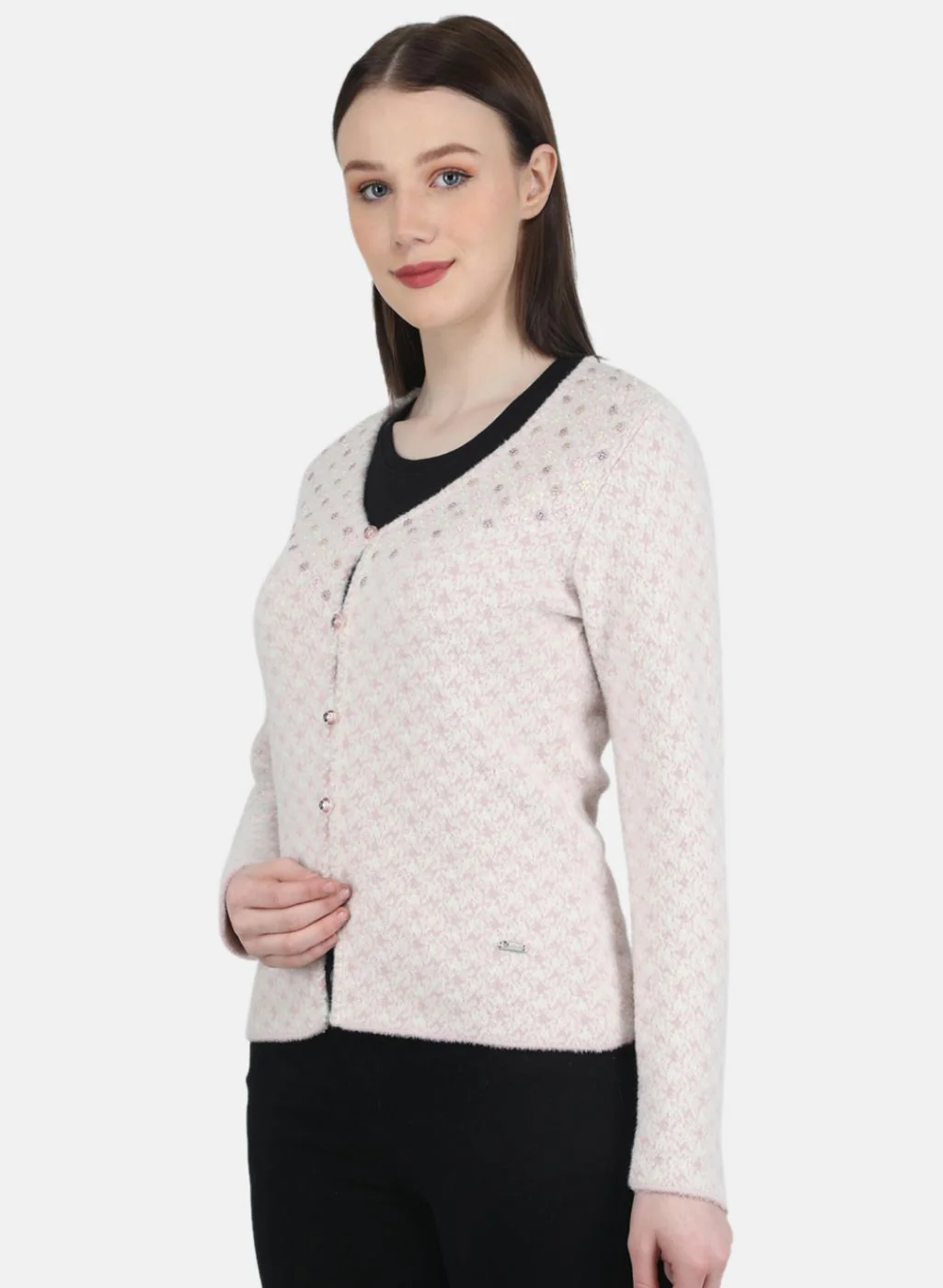 Women Light Pink Jaquard Cardigan - Image 2
