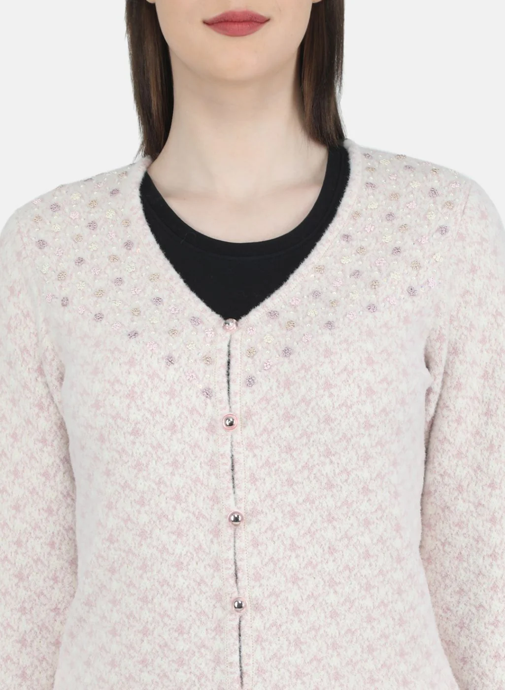 Women Light Pink Jaquard Cardigan - Image 5
