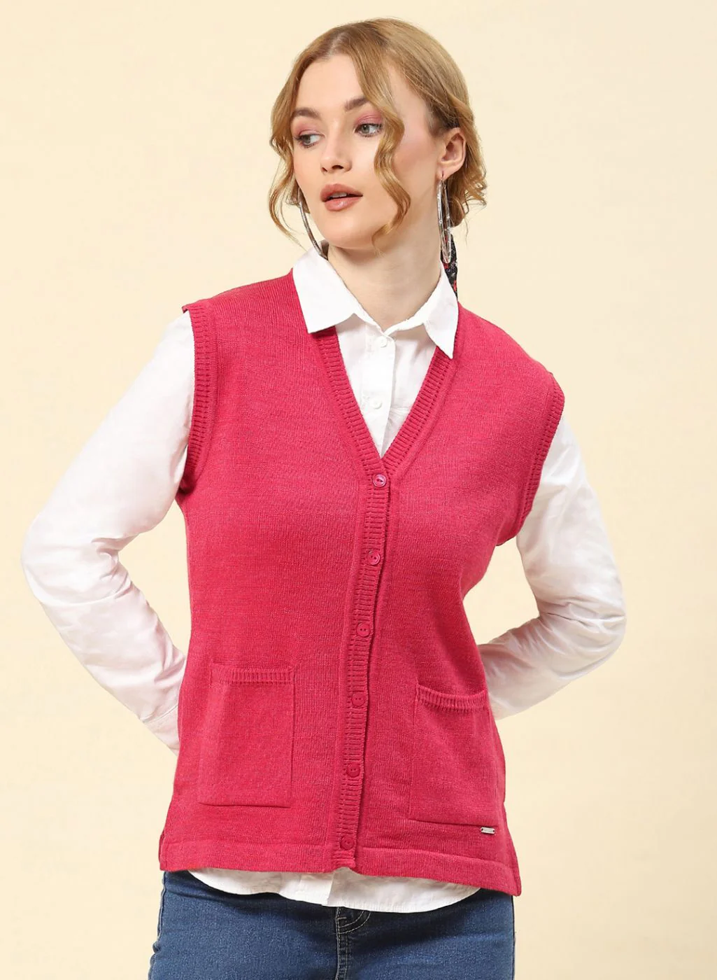 Women Light Red Solid Blend wool Cardigan - Image 2