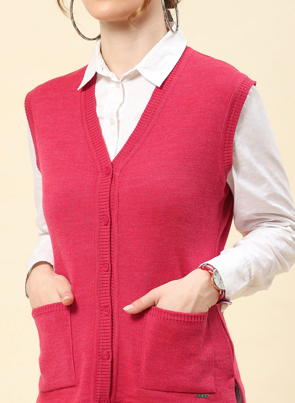 Women Light Red Solid Blend wool Cardigan - Image 6
