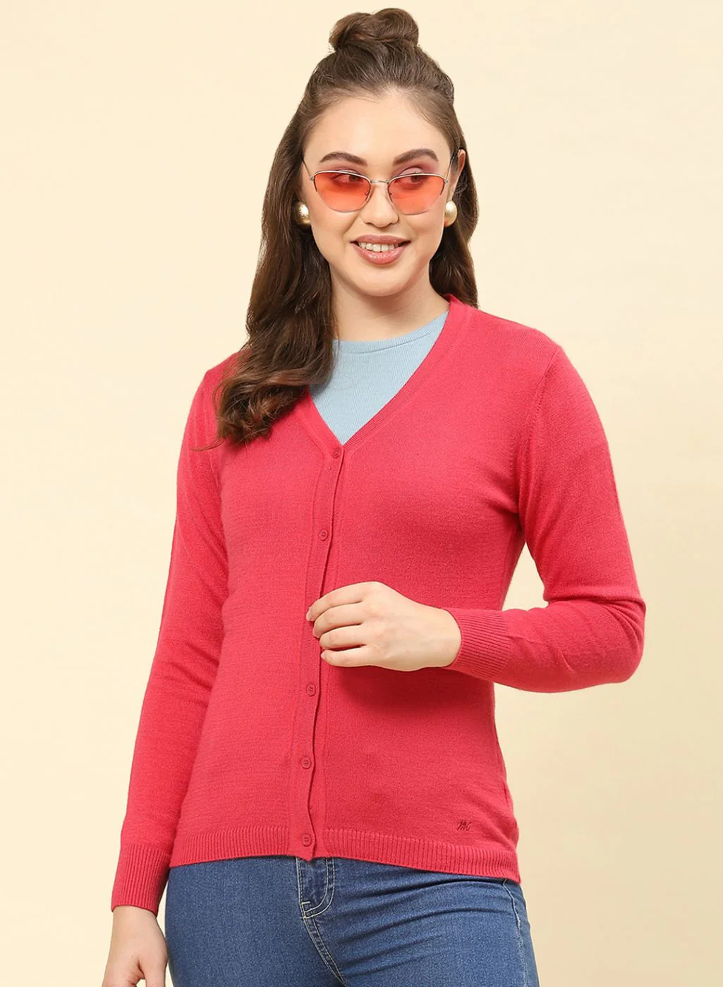 Women Light Red Solid Modal Nylone Cardigan - Image 2