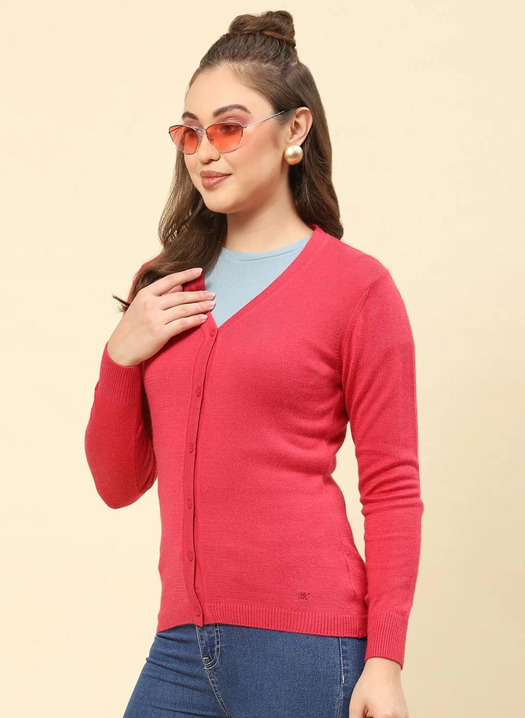 Women Light Red Solid Modal Nylone Cardigan - Image 3