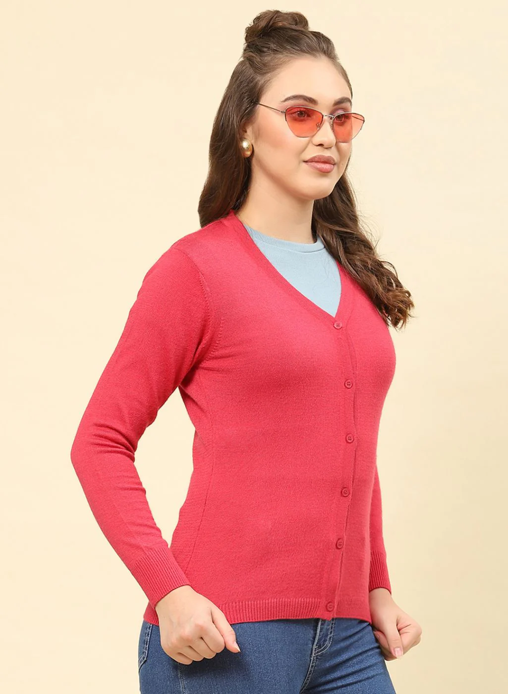 Women Light Red Solid Modal Nylone Cardigan - Image 4