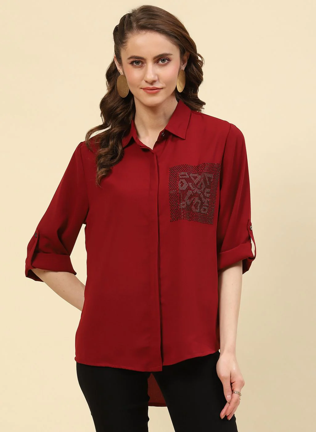 Women Maroon Plain Top - Image 2