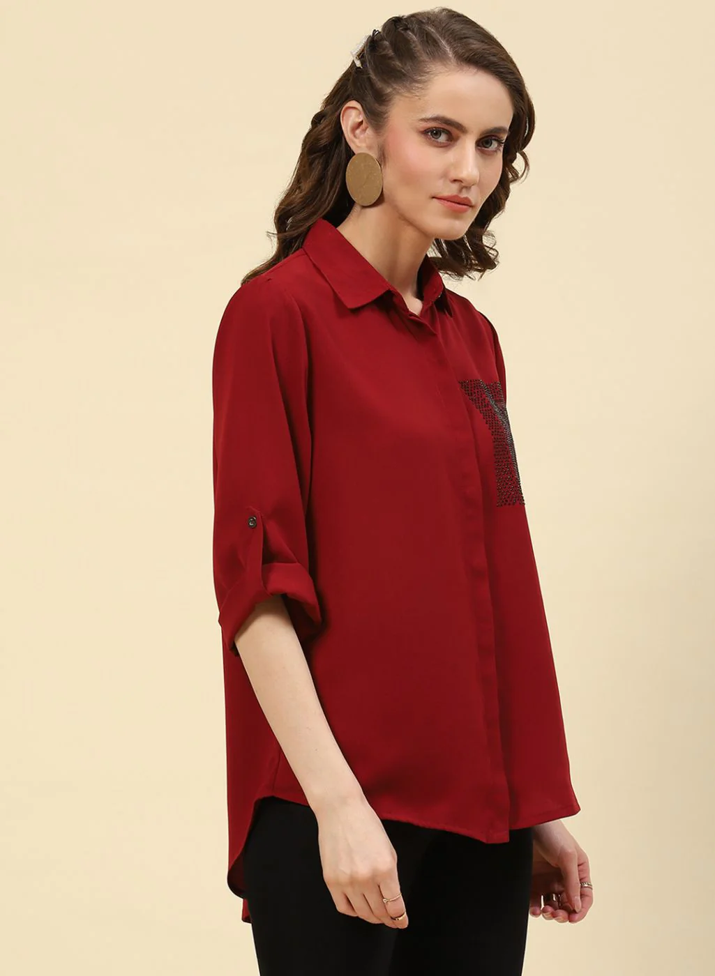 Women Maroon Plain Top - Image 4