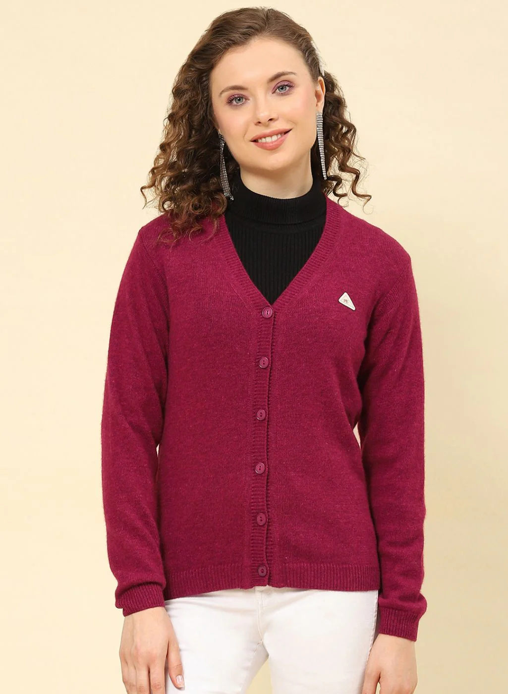 Women Maroon Solid Lamb wool Cardigan - Image 2