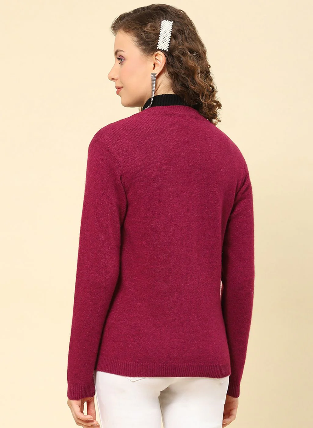 Women Maroon Solid Lamb wool Cardigan - Image 5