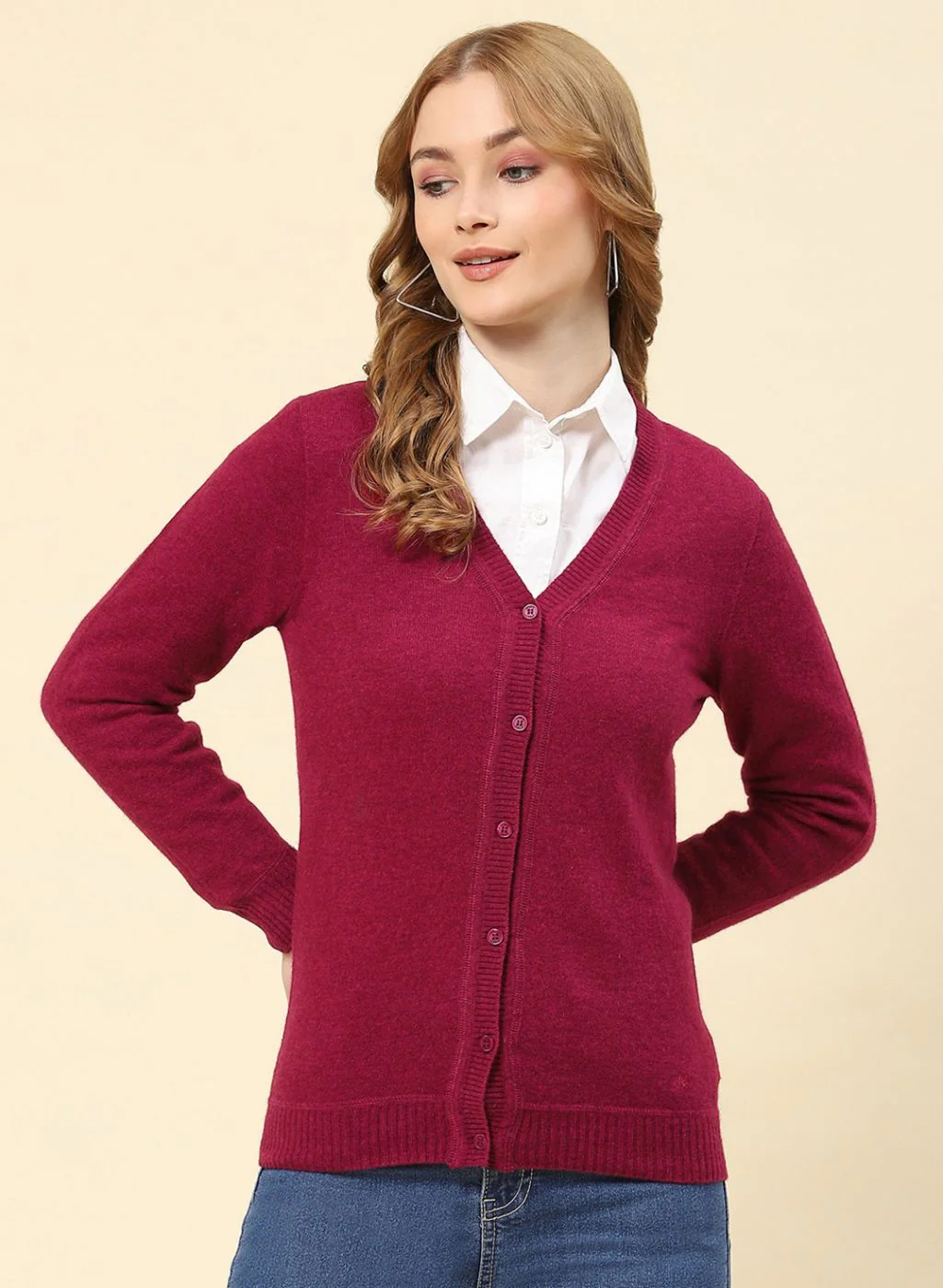 Women Maroon Solid Lamb wool Cardigan - Image 2