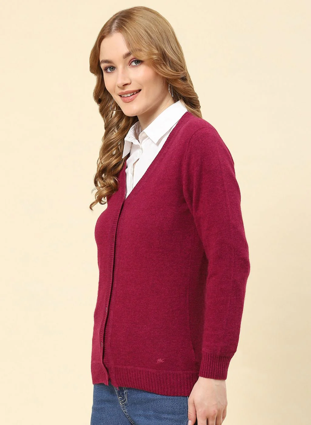 Women Maroon Solid Lamb wool Cardigan - Image 3