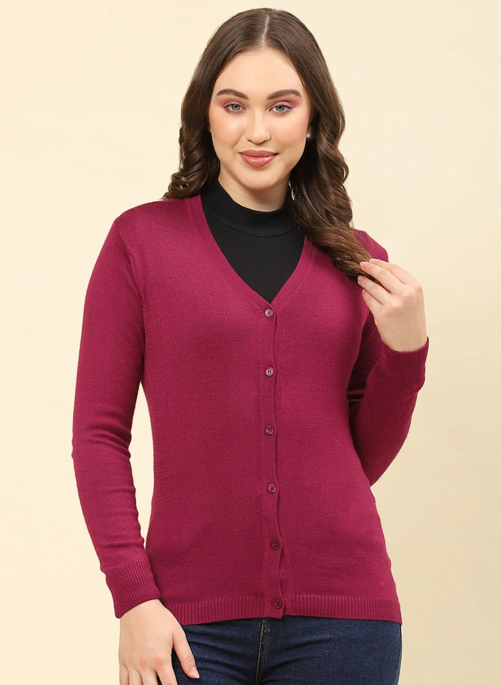 Women Maroon Solid Modal Nylone Cardigan - Image 2
