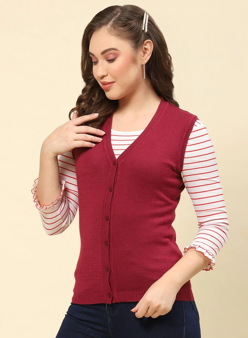Women Maroon Solid Modal Nylone Cardigan - Image 3