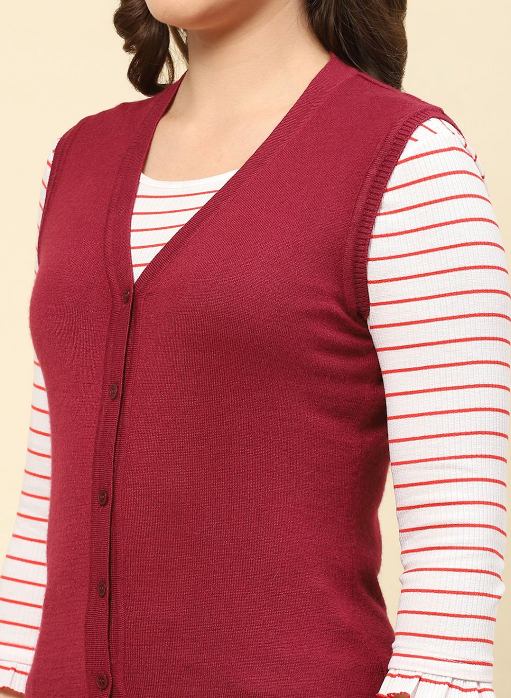 Women Maroon Solid Modal Nylone Cardigan - Image 6