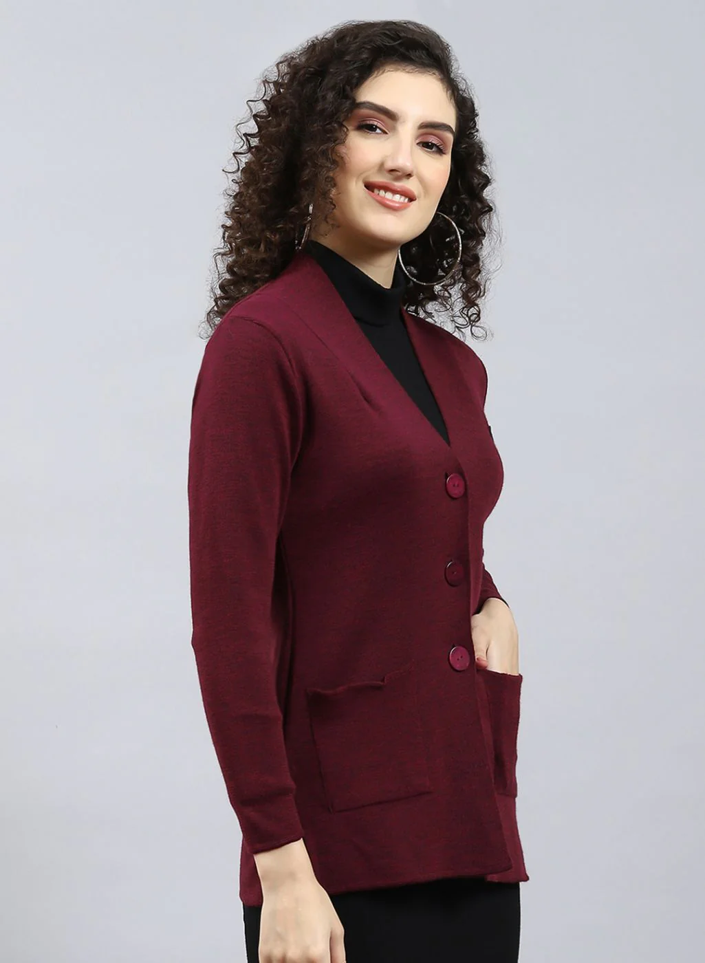 Women Maroon Solid Pure wool Cardigan - Image 4