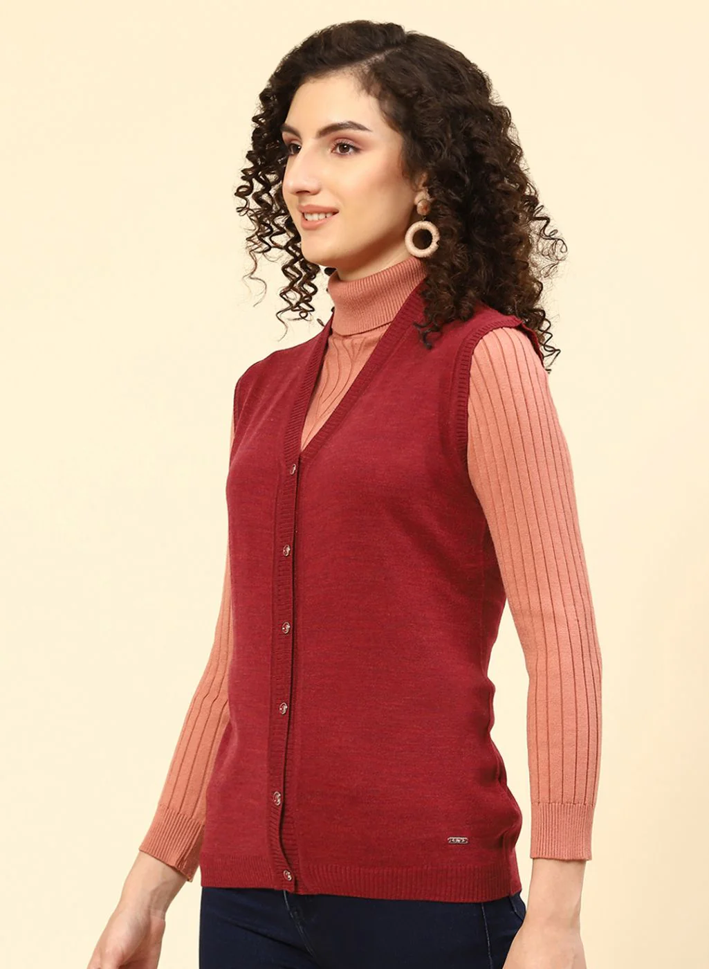Women Maroon Solid Wool blend Cardigan - Image 3