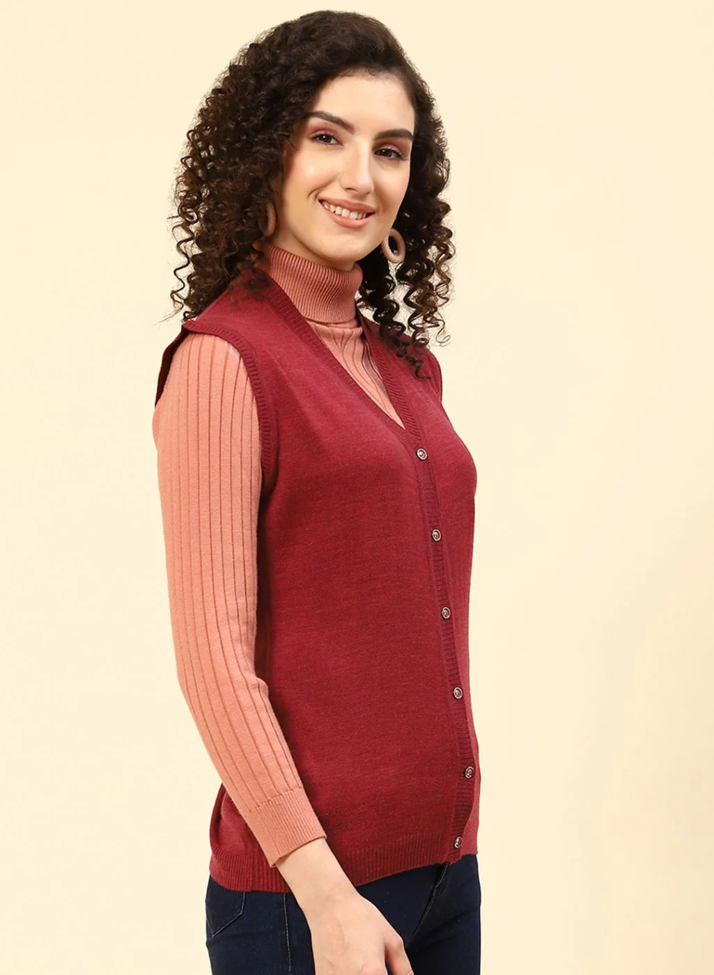 Women Maroon Solid Wool blend Cardigan - Image 4